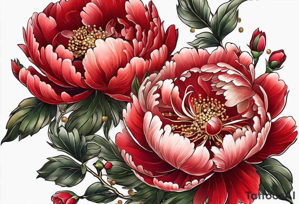 Red peony with dandling pearls and bunny tattoo idea