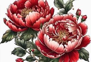 Red peony with dandling pearls and bunny tattoo idea