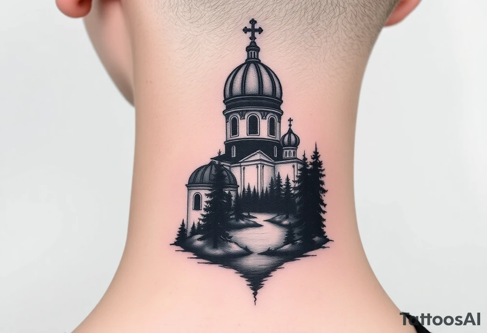 medium sized russian orthodox dome church with a separated virgin mary with a lake and pine trees tattoo idea