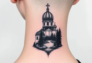 medium sized russian orthodox dome church with a separated virgin mary with a lake and pine trees tattoo idea