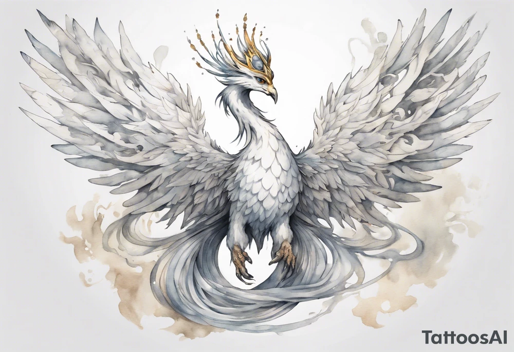 a white phoenix-serpent hybrid wearing a silver crown, flying in the air tattoo idea