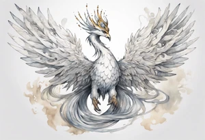 a white phoenix-serpent hybrid wearing a silver crown, flying in the air tattoo idea