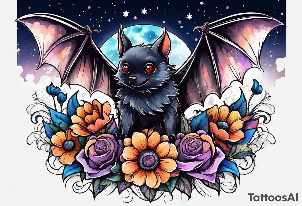 Fines flowers bat night sky tattoo idea