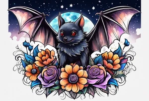 Fines flowers bat night sky tattoo idea