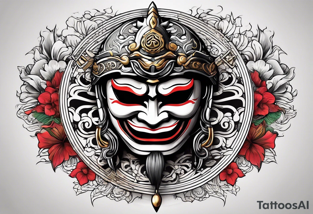 some Japanese symbols meaning love or peace and a Japanese style mask or helmet with sword tattoo idea