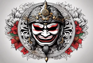 some Japanese symbols meaning love or peace and a Japanese style mask or helmet with sword tattoo idea