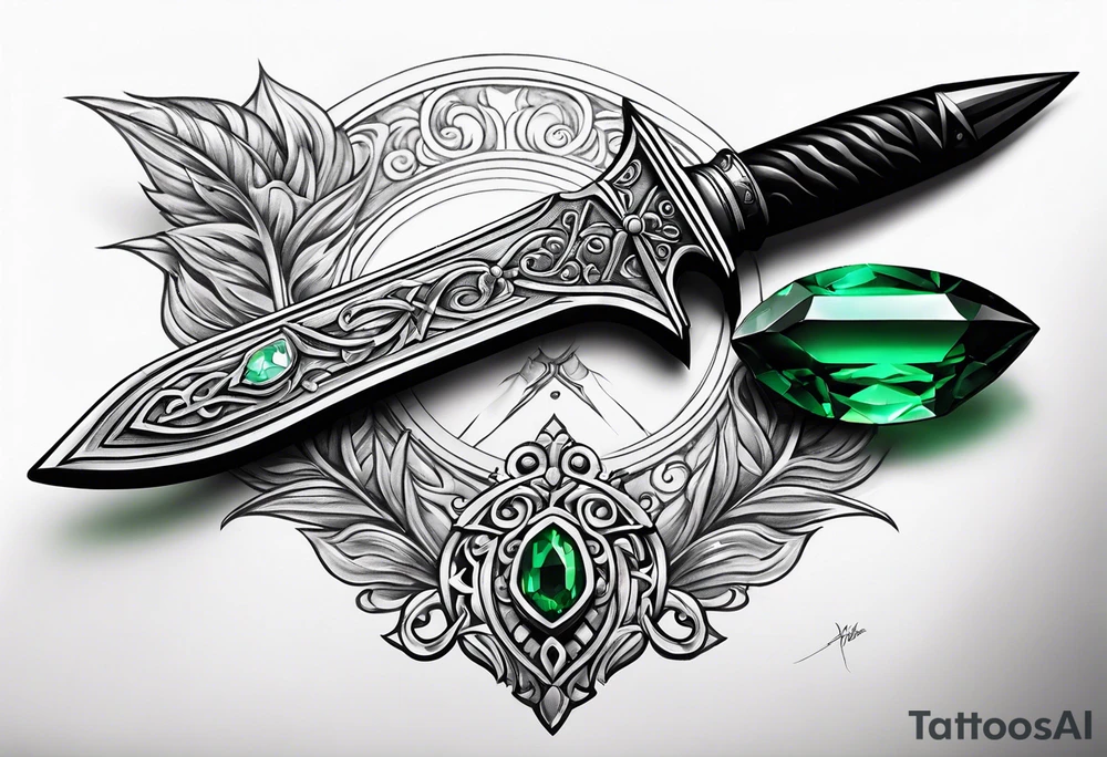 An athame dagger with the hilt turned upward and an emerald gemstone on the hilt not on the blade tattoo idea
