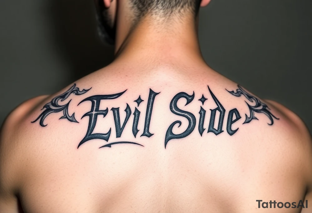 powerful bold cover up saying Evil Side black and white with shading and smoke around it gangsta writing tattoo idea