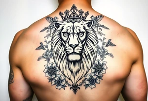 powerful majestic lion with a crown, surrounded by floral ornaments and birds tattoo idea