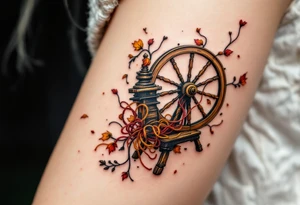 A tattoo of an old spinning wheel in motion, with threads flying, made of aged elm wood, paired with autumn-colored yarn scraps caught mid-air. tattoo idea