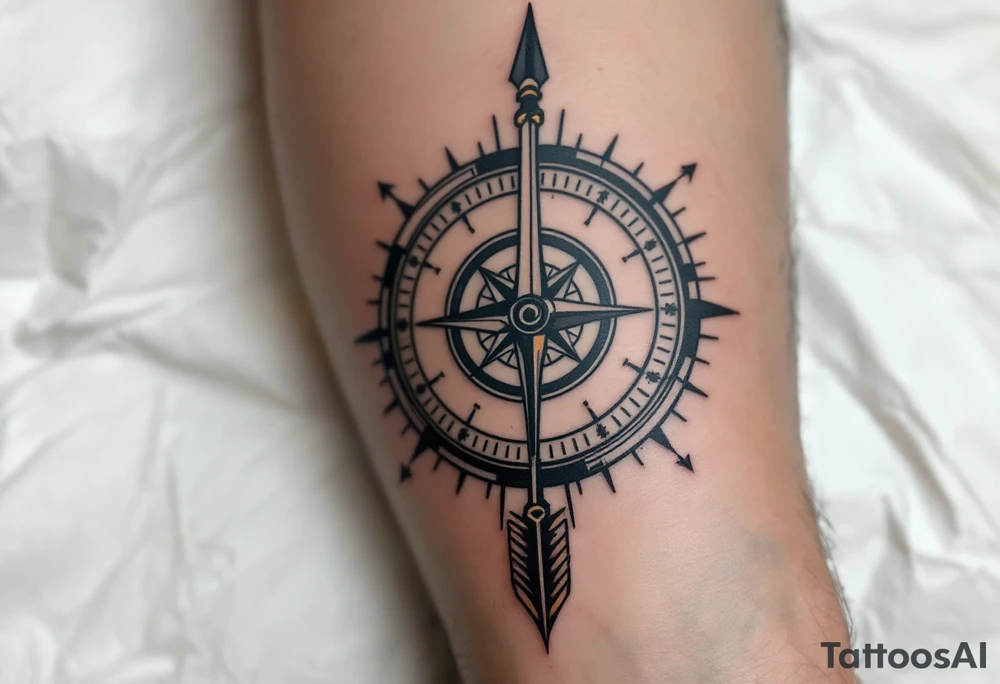 Rustic half compass half clock with and long native American arrow pointing at my wrist with the words “True North” tattoo idea