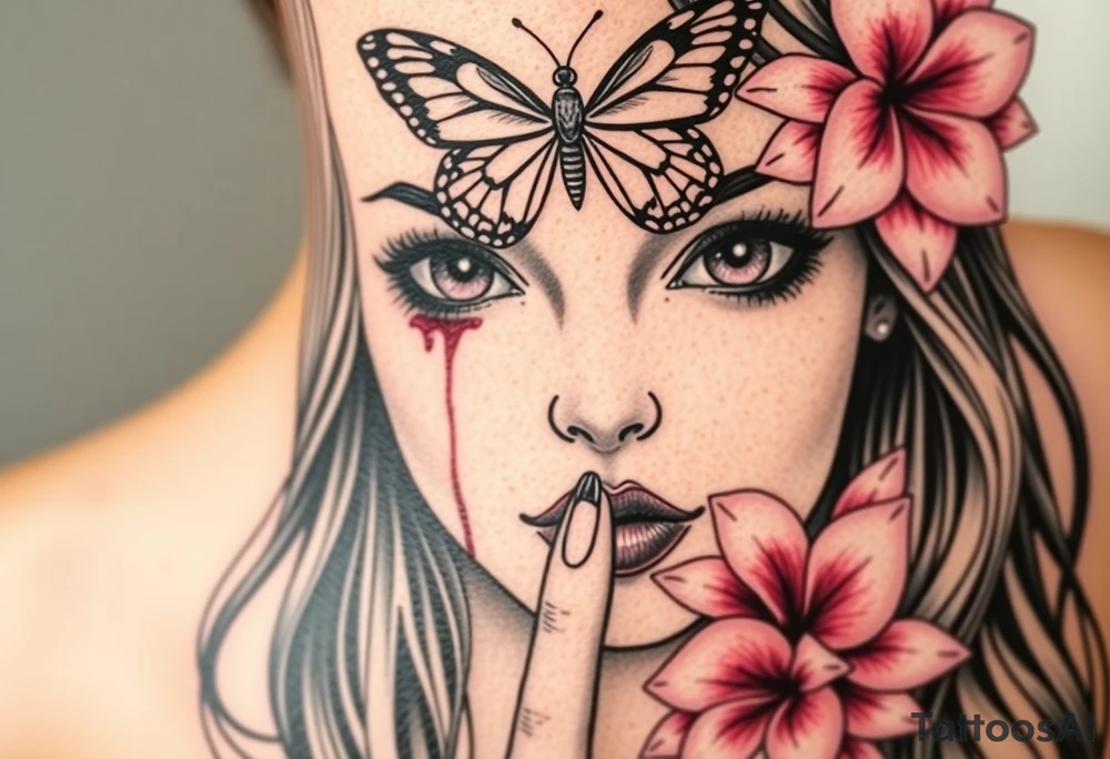 Womens realistic face eyes and nose ears and mouth with long hair but her ears are bleeding her index fi ger is to her lips like telling you to not talk and her above her head right atop of her head where her forehead would be a butter fly is above her and that butterfly is covering both her eyes and  only her eyes and for head you can see her ears bleeding her lips her nose and her putting her fi her to her lips as there is a garden of Beautiful pink plumeria tattoo idea