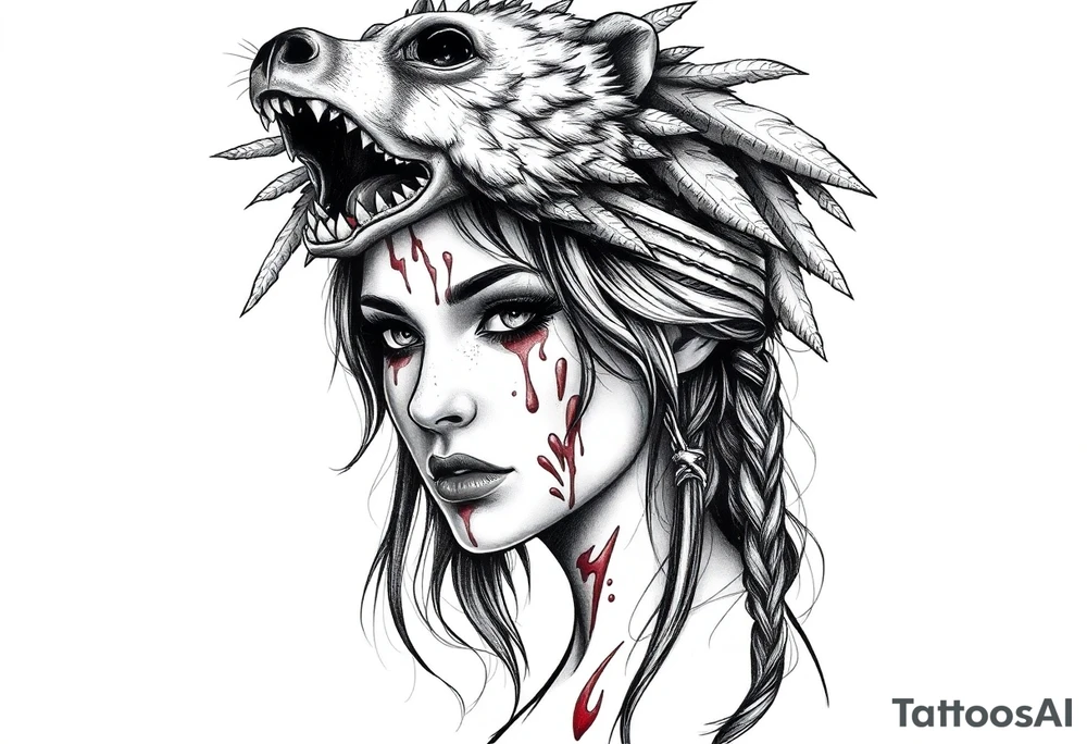 Beautiful Woman with battle scars and blood on face wearing dead bear headdress on head tattoo idea
