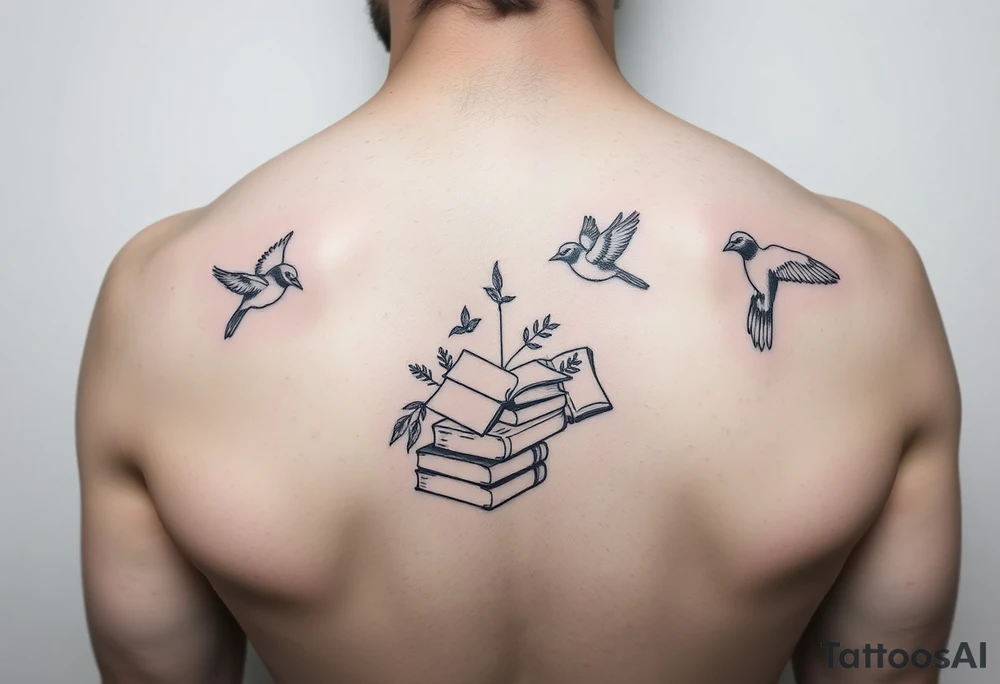 Minimalist fine line tattoo incorporating birds, nature, books, science tattoo idea