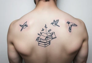 Minimalist fine line tattoo incorporating birds, nature, books, science tattoo idea