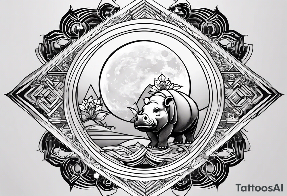 Very asymmetrical, +geometric pattern, with realistic full moon, with handsome hippo, +zen feel, + Buddhism touch, +tribal, +geometric, +inkart 
with wintersweet flower bud, +portrait orientation, +inkart touch, tattoo idea