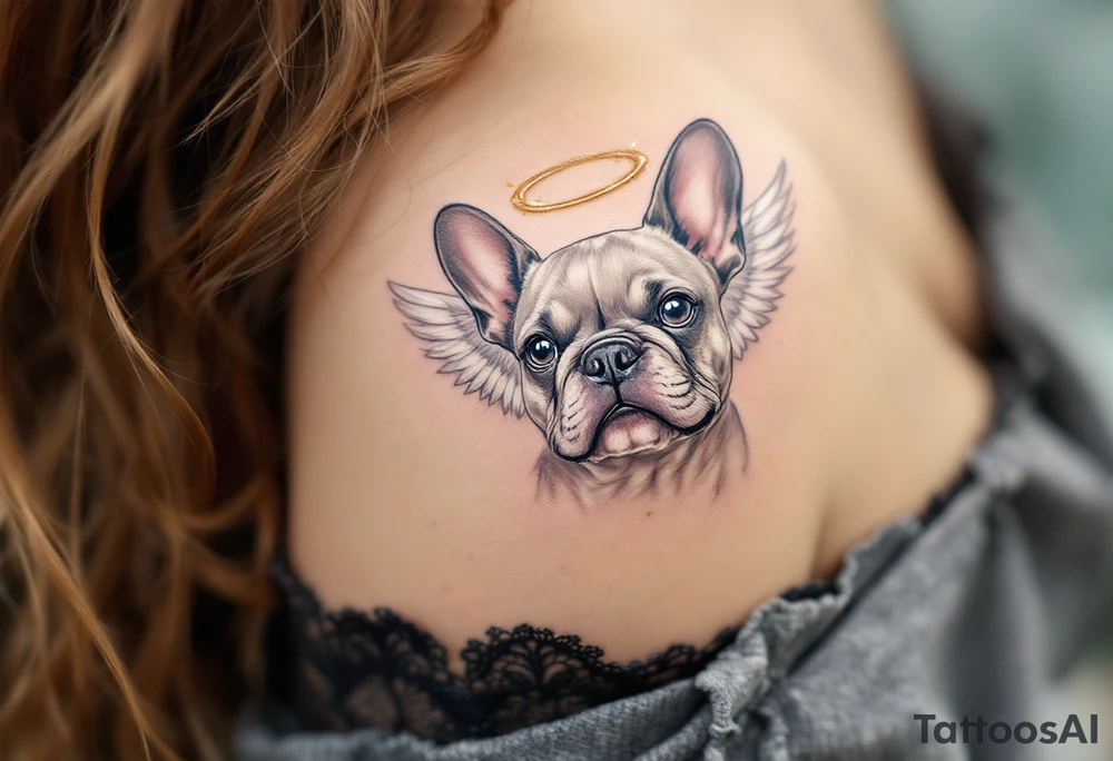 French Bulldog with angel wings and a halo, in memory style, colored in soft gray and white with faint light blue highlights. tattoo idea