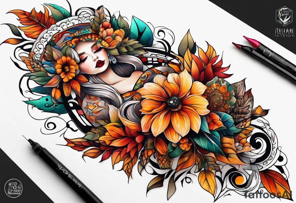 knee tattoo in fall color tattoo idea