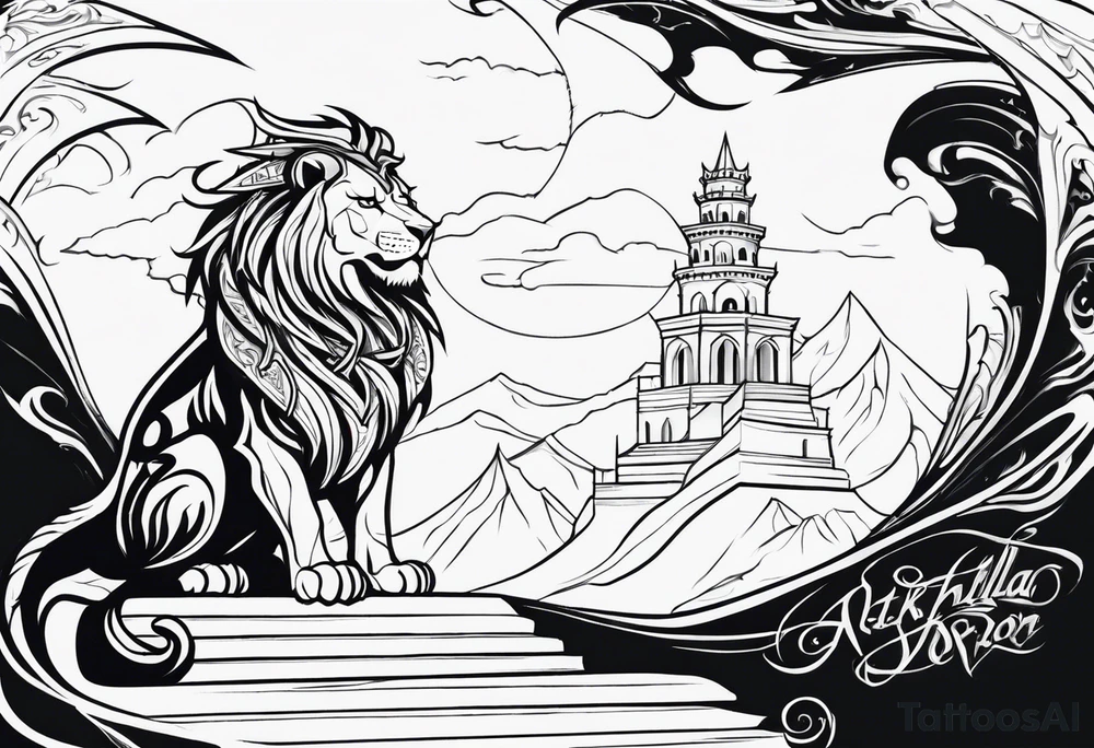 Valhalla lion sword stairs dragon tattoo idea