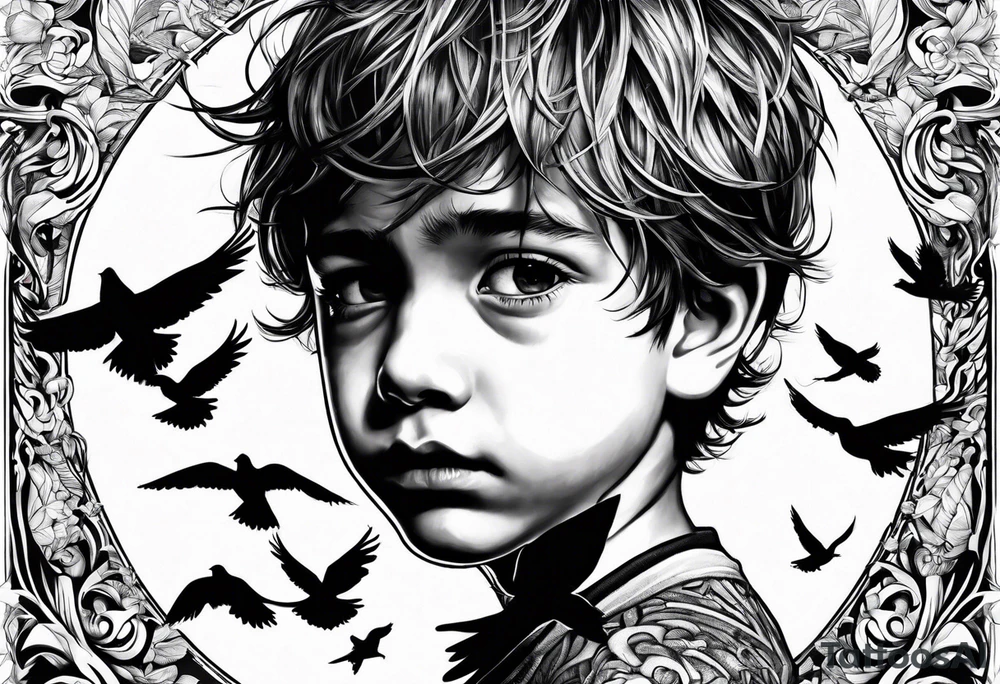 boy crying, being attached by birds tattoo idea boy crying, being attached by birds tattoo idea