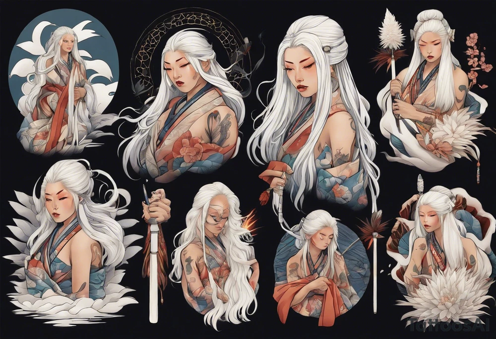 a beautiful indigenous woman with long white hair holding a white wand tattoo idea