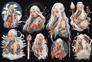 a beautiful indigenous woman with long white hair holding a white wand tattoo idea