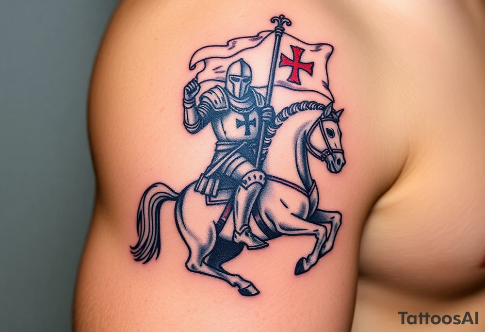 A medieval knight holding a banner with the Templar cross, riding into battle on a warhorse tattoo idea