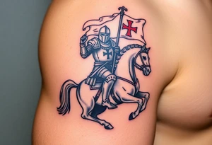 A medieval knight holding a banner with the Templar cross, riding into battle on a warhorse tattoo idea