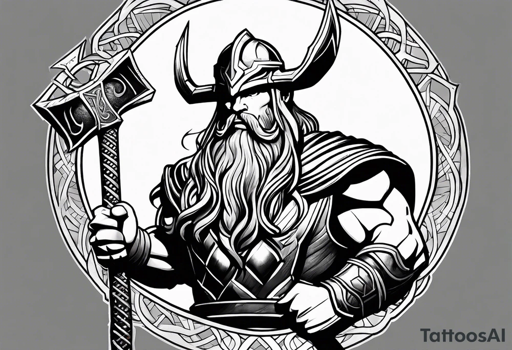 Thor mit Hammer on der Hand und kämpft gegen eine riesen Schlange tattoo idea