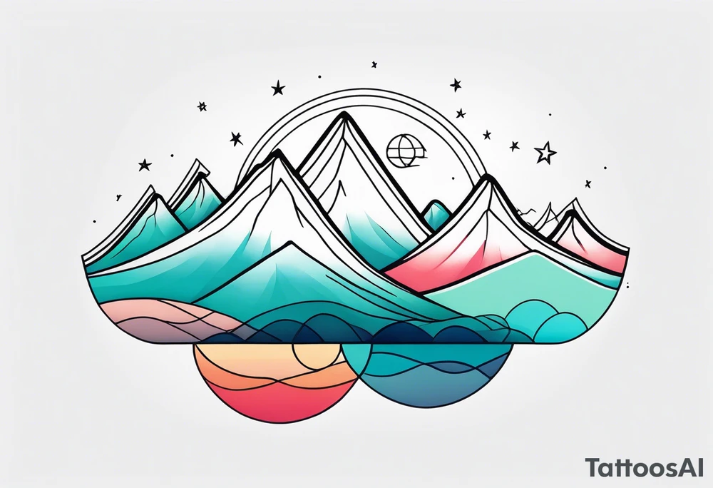 Mountain one Peak, sea waves, space with two littel coloured Stars, semi circle Open surrounds mountain Peak, geometrical forms overlapping dashed lines tattoo idea