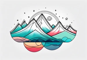 Mountain one Peak, sea waves, space with two littel coloured Stars, semi circle Open surrounds mountain Peak, geometrical forms overlapping dashed lines tattoo idea