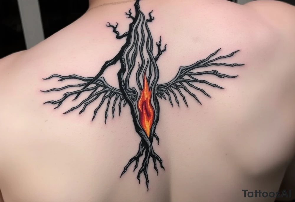 1. “Burnt Offerings”
Theme: Healing through destruction.
Visual: Charred tree roots climbing up your spine, turning into flames halfway, then slowly transforming into skeletal wings—unfinished, like you stopped mid-rebirth. The middle of the spine glows dimly, like coals never fully put out.
Vibe: You survived, but not clean. You carry the burn. tattoo idea