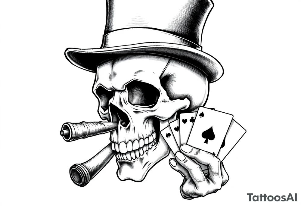 a skull with mustache, a big cigar in his mouth,top-hat on his head and playing cards in a hand. tattoo idea