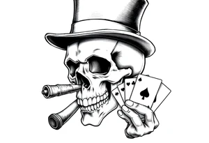 a skull with mustache, a big cigar in his mouth,top-hat on his head and playing cards in a hand. tattoo idea