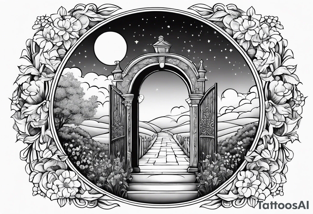 night medieval town garden gate entrance 
 in circle vignette surrounded by clouds floral tattoo idea