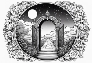 night medieval town garden gate entrance 
 in circle vignette surrounded by clouds floral tattoo idea