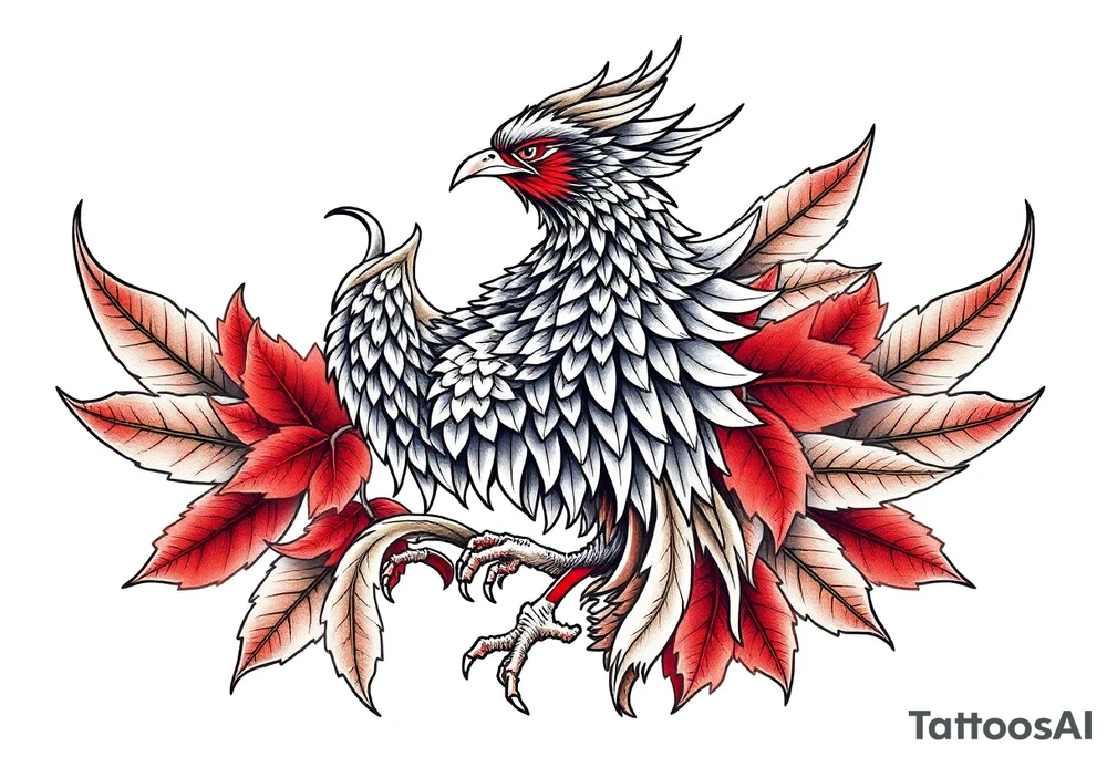 powerful majestic japanese phenix surrounded by maple leaf tattoo idea