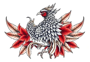 powerful majestic japanese phenix surrounded by maple leaf tattoo idea