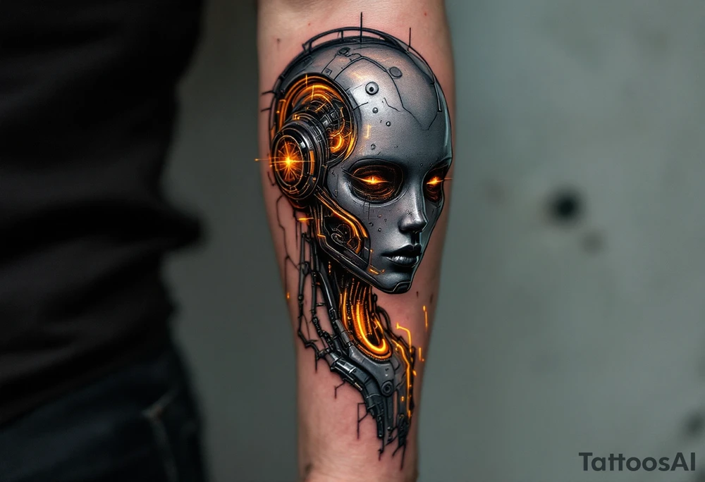 A half-human, half-android arm design in glossy gunmetal, lit from within by soft amber light trails tattoo idea