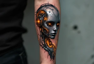 A half-human, half-android arm design in glossy gunmetal, lit from within by soft amber light trails tattoo idea