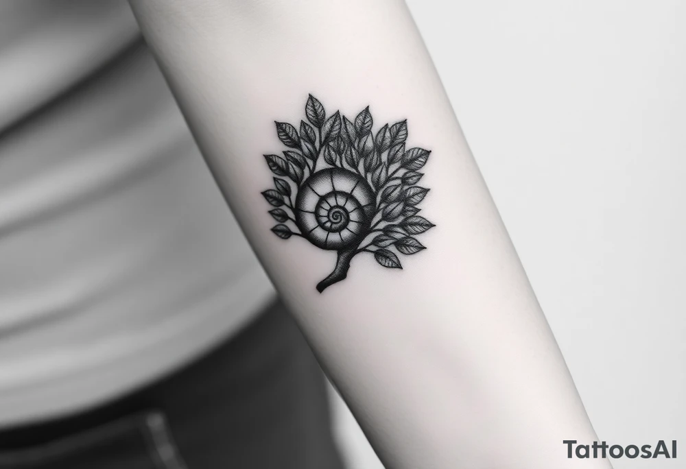 Fibonacci spiral shell on side of tree full of lots of leaves tattoo idea