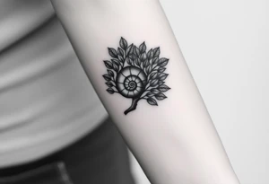Fibonacci spiral shell on side of tree full of lots of leaves tattoo idea