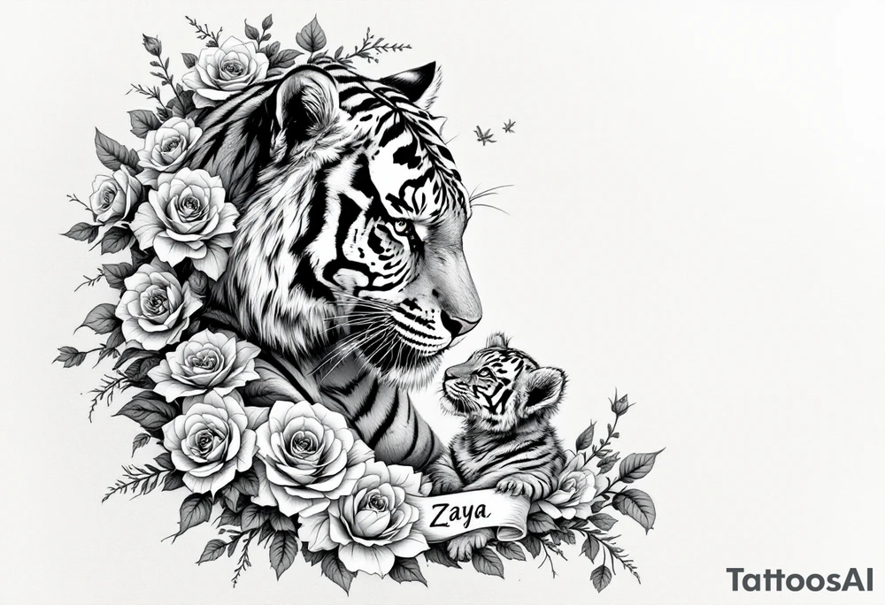 Beautiful, strong and fierce adult female tiger and her cub surrounded by roses and flowers with my daughters name “Zaya” half a sleeve on my arm tattoo idea