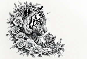 Beautiful, strong and fierce adult female tiger and her cub surrounded by roses and flowers with my daughters name “Zaya” half a sleeve on my arm tattoo idea