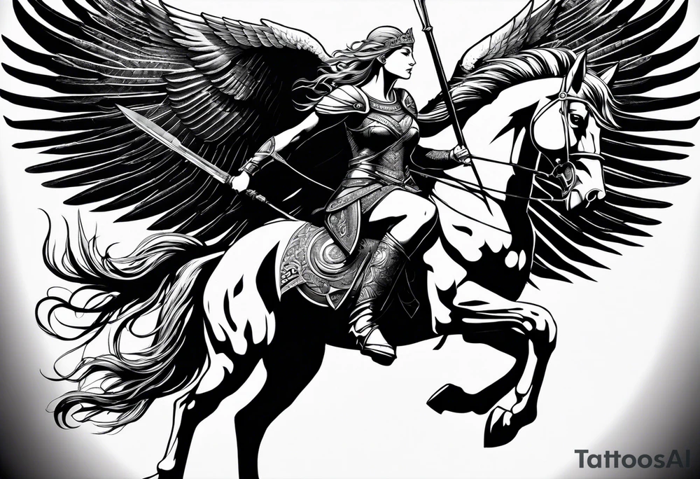 Valkyrie on winged Pegasus, flight, holding spear, looking down tattoo idea Valkyrie on winged Pegasus, flight, holding spear, looking down tattoo idea