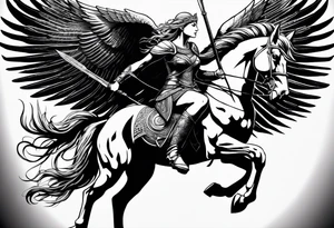 Valkyrie on winged Pegasus, flight, holding spear, looking down tattoo idea