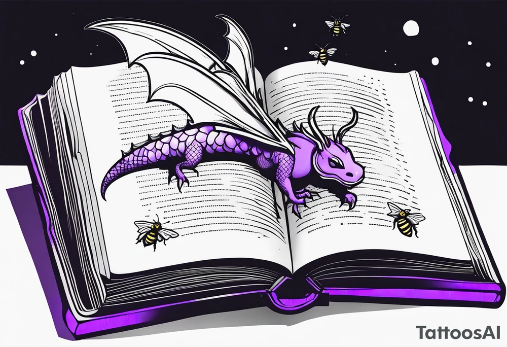 an open fantasy book. a flying dragon. One pawn piece. a cluster of lavender with a bee under book tattoo idea