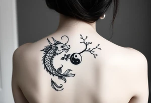 Dragon, coi fish, cherry blossom tree, ying yang tattoo idea