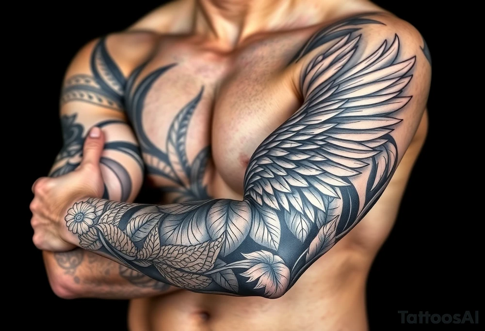 Full Sleeve tattoo including details of jungle leaves, , Puerto Rican/Taino/Filipino tribal patterns, angel wing tattoo idea
