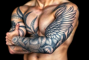 Full Sleeve tattoo including details of jungle leaves, , Puerto Rican/Taino/Filipino tribal patterns, angel wing tattoo idea